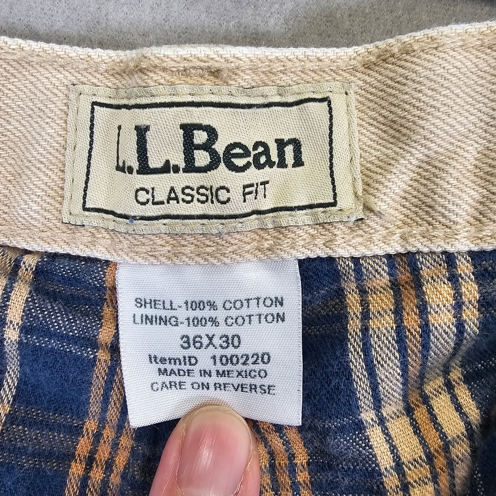 LL Bean Mens Classic Fit Flannel Lined Jeans 36x30 Beige Plaid Rugged Denim Pant - Picture 9 of 11